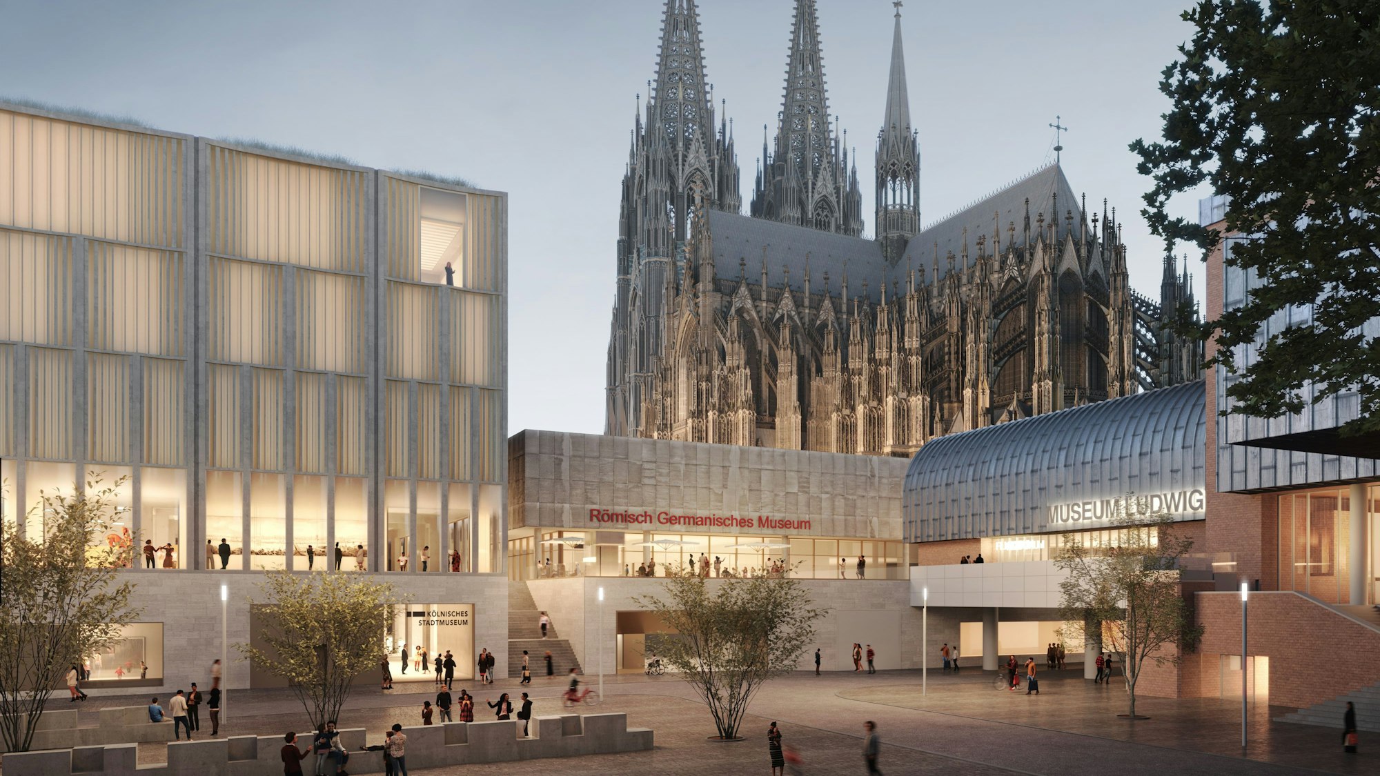 Eine Visualisierung zeigt das viergeschossige Stadtmuseum, das neben dem römisch-germanischen Museum entstehen soll. Im Hintergrund der Kölner Dom.