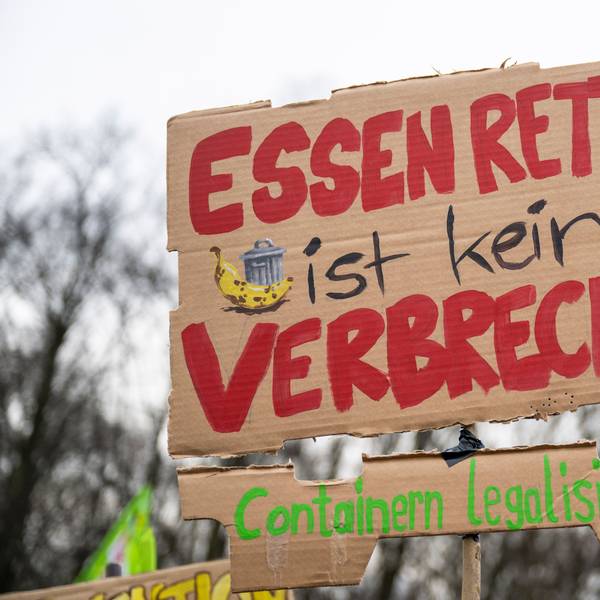 Bei einer Demonstration trägt ein Teilnehmer vor dem Brandenburger Tor ein Plakat mit der Aufschrift „Essen retten ist kein Verbrechen - Containern legalisieren!“.