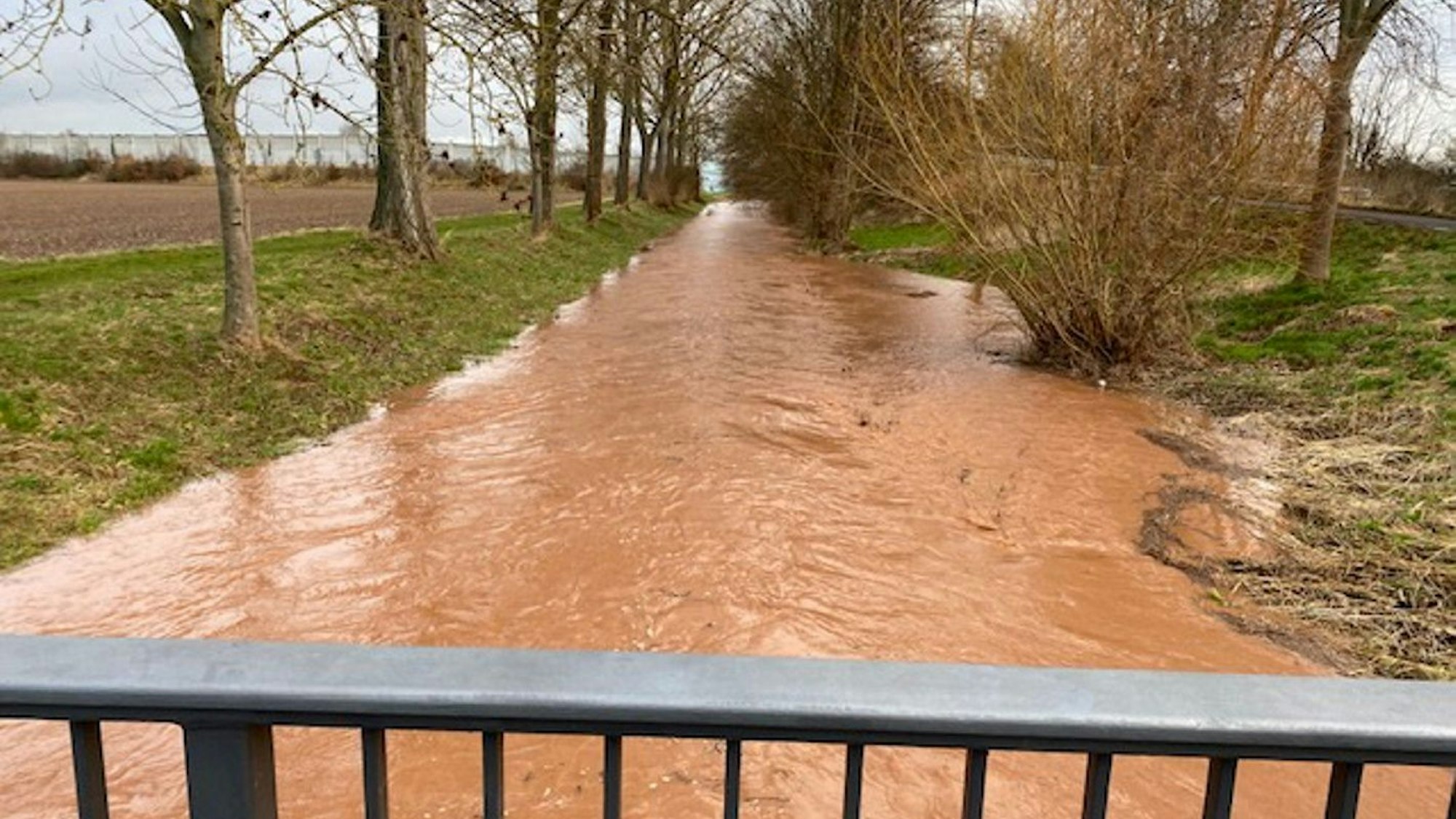 Zu sehen ist ein breiter Strom von Wasser, Blick von der Brücke. Das Wasser ist schlammbraun.