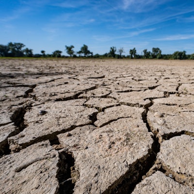 ARCHIV - 20.07.2022, Bayern, Mariaposching: Aufgerissen und ausgetrocknet ist eine Sandbank an der Niedrigwasser führenden Donau. (zu dpa "WEF: Inflation, Cyberattacken und Klimawandel sind globale Risiken") Foto: Armin Weigel/dpa +++ dpa-Bildfunk +++