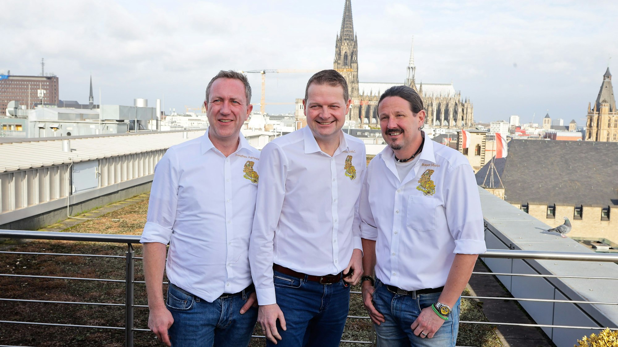 Kölner Dreigestirn in der Hofburg im Dorint Hotel auf der Dachterrasse. André Fahnenbruck, Boris Müller und Marco Schneefeld von links nach rechts.