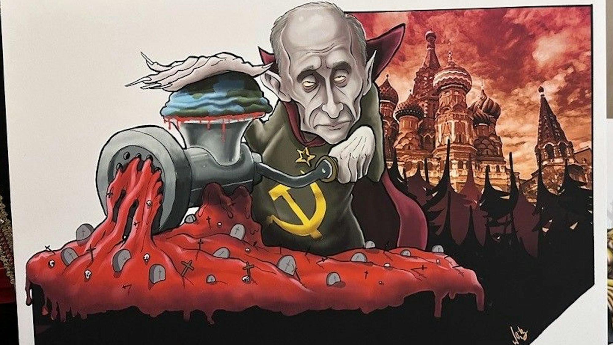 Putin dreht die Welt durch den Fleischwolf, Entwurf für Persiflage-Wagen