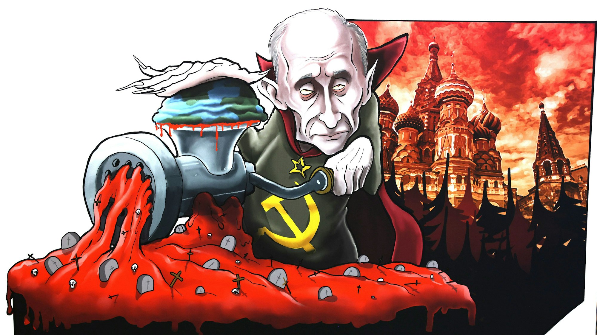 Kriegstreiber Putin als Nosferatu dreht die Welt durch den Fleischwolf - Entwurf eines Persiflagewagens für den Kölner Rosenmontagszug 2023.