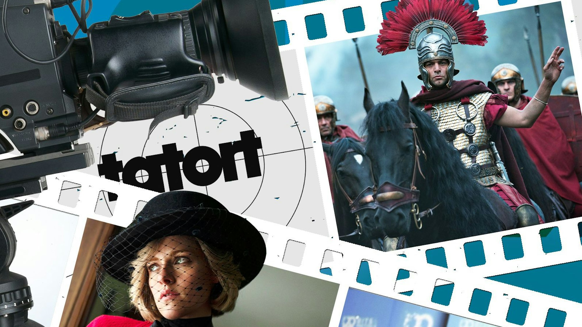 Eine Kamera steht vor verschiedenen Filmstreifen mit verschiedenen Motiven aus Fernsehproduktionen.