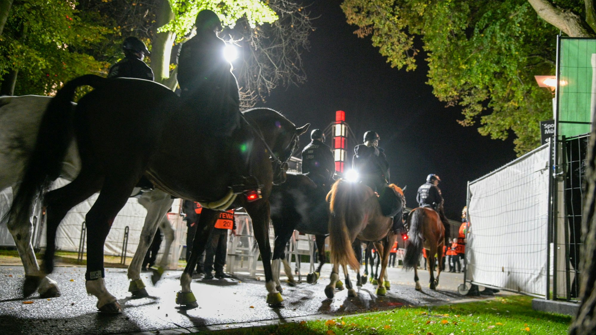 Beim Spiel des 1. FC Köln gegen Nizza sorgte eine große Polizeipräsenz dafür, dass es am und im Stadion nicht zu Ausschreitungen kam. Das Foto zeigt berittene Polizei an den Stadion-Vorwiesen, im Hintergrund strahlt das Stadion.