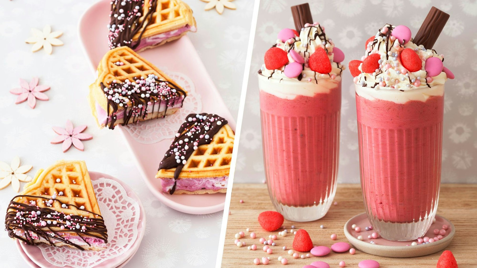 Eiswaffeln und Himbeer-Joghurt-Freakshake