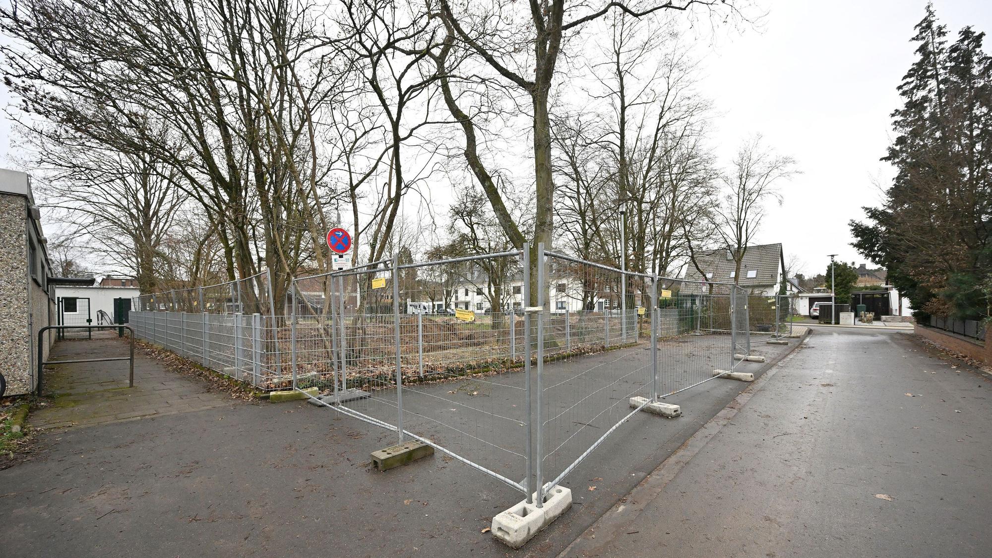 Ein Bauzaun ist um Bäume In den Auen in Bergisch Gladbach Refrath aufgebaut.