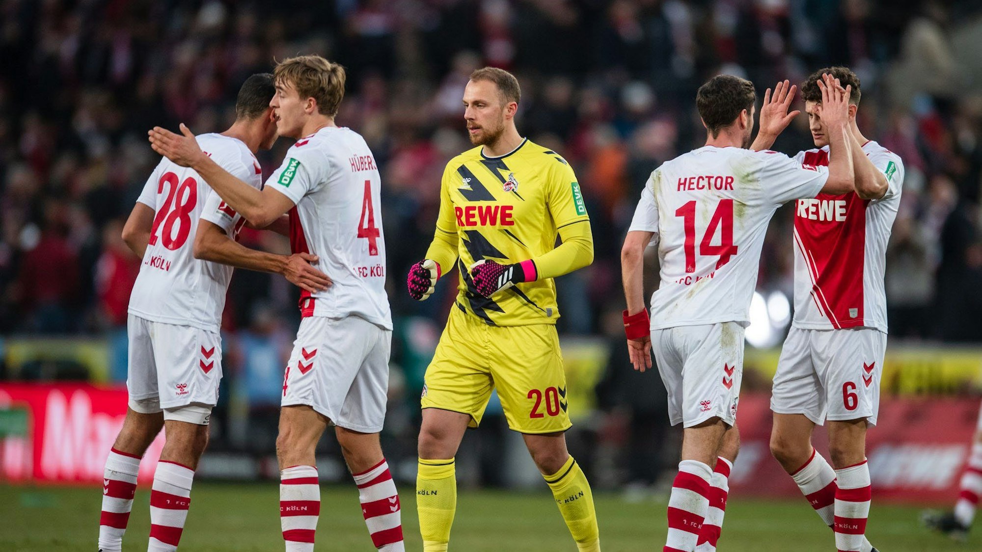 Kölns Ellyes Skhiri (l-r), Timo Hübers, Torhüter Marvin Schwäbe, Jonas Hector und Eric Martel klatschen sich nach der Partie ab.