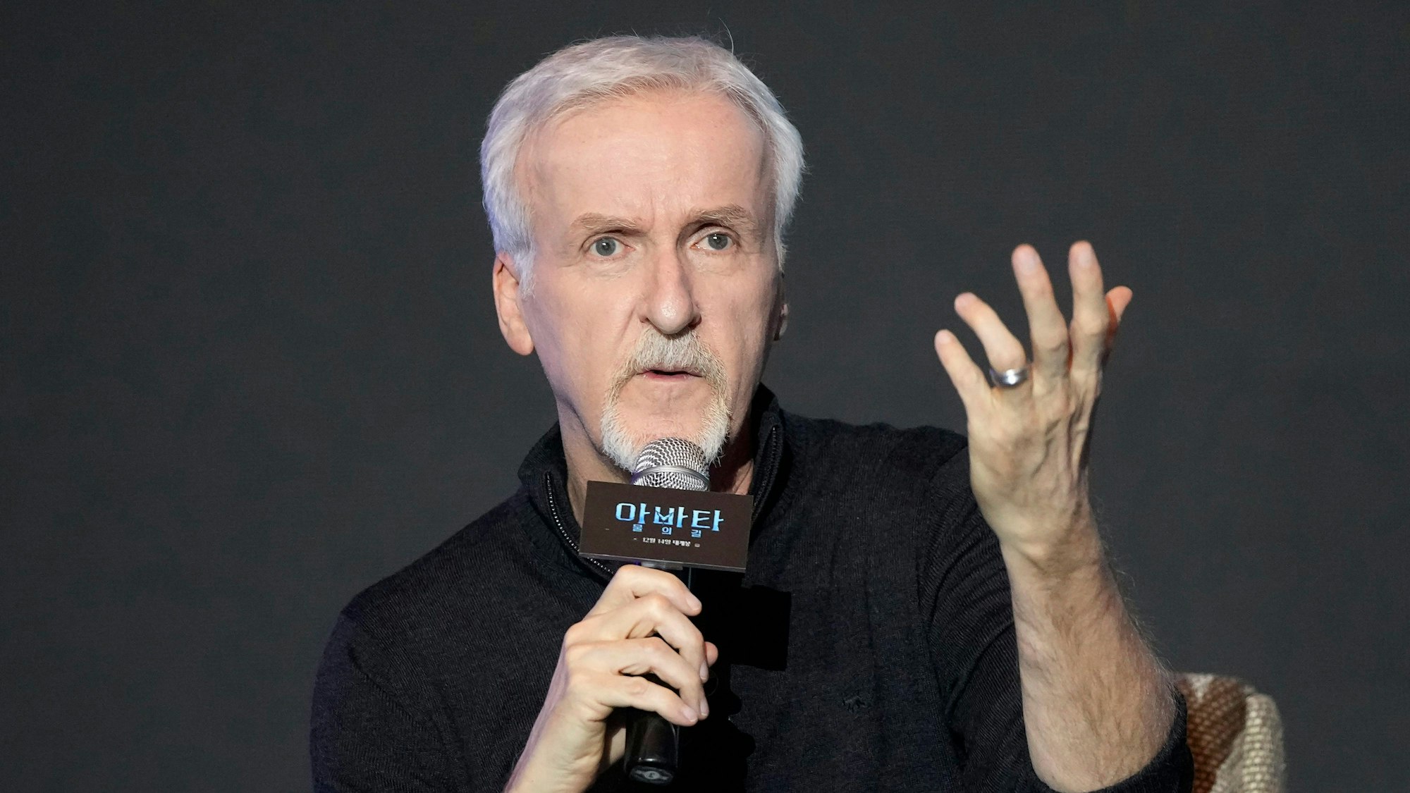 Regisseur James Cameron spricht während einer Pressekonferenz in Seoul.
