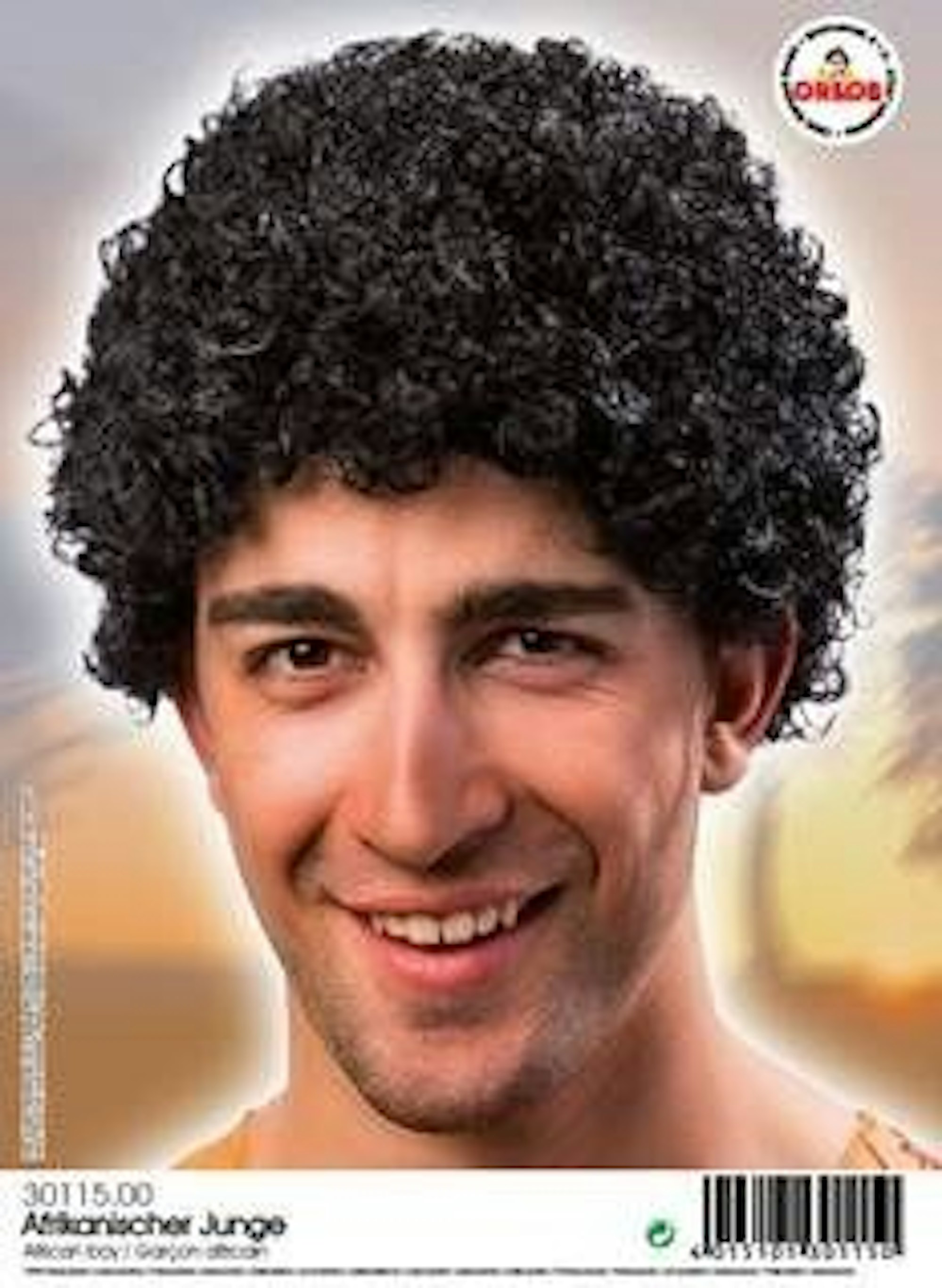 Die Produktverpackung einer Karnevalsperücke zeigt einen weißen Mann mit schwarzem Afro.