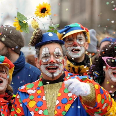 Es sind mehrere Menschen in Karnevalskostümen zu sehen, die Konfetti in die Luft schmeißen.