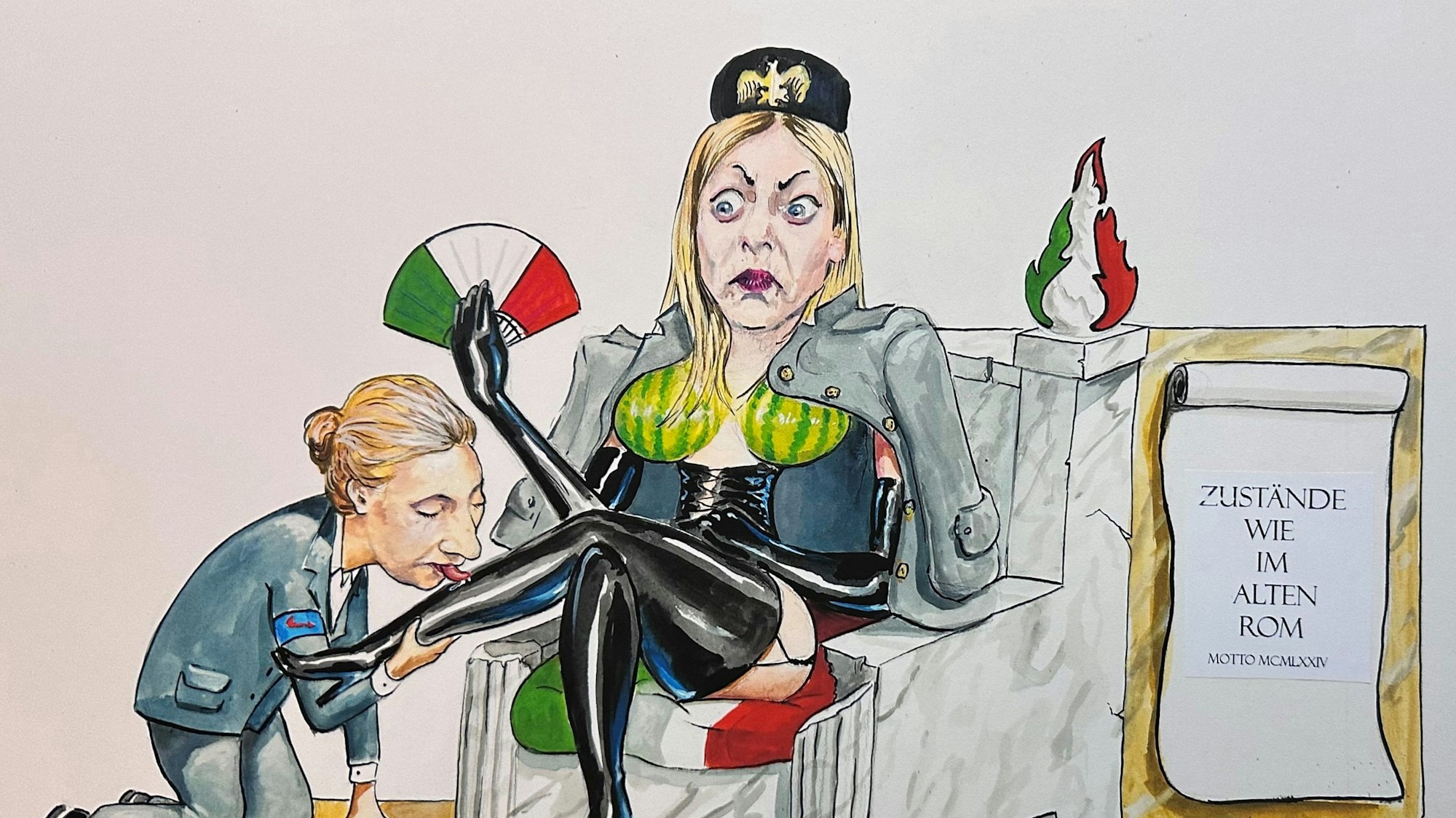 Ein Entwurf für den Rosenmontagszug: Alice Weidel (AfD) küsst Giorgia Meloni die Füße.