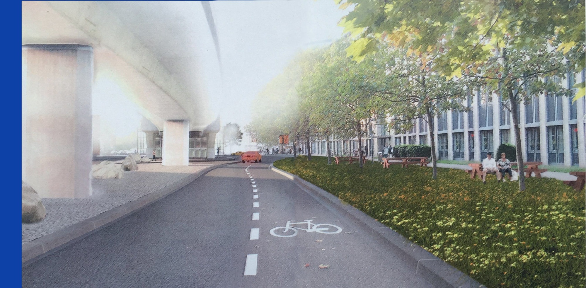 Ein Radweg führt entlang einer auf Stelzen stehenden Gleistrasse.