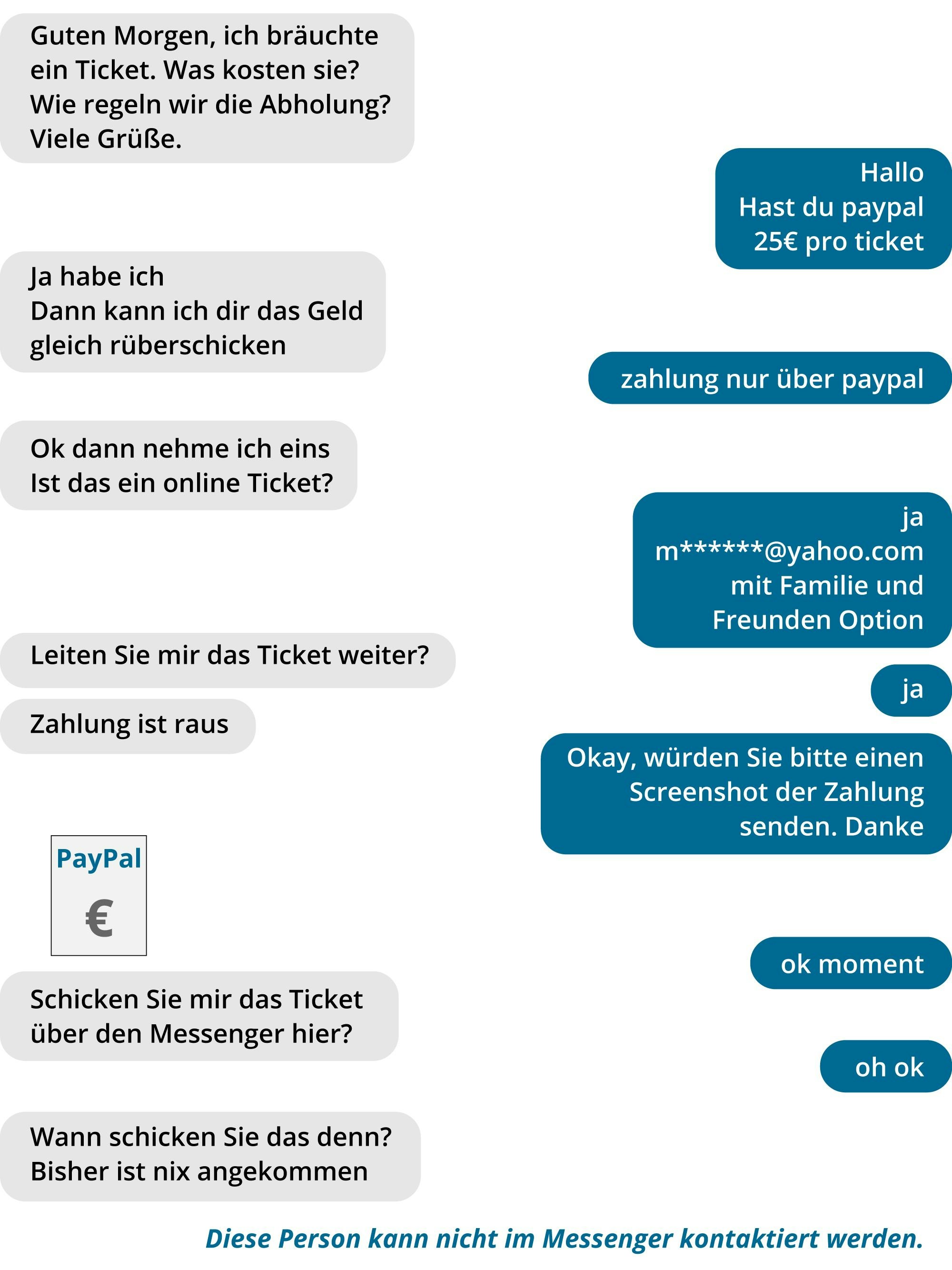 Eine Grafik gibt den Chatverlauf einer Facebook-Nutzerin mit einem Ticketbetrüger wieder. Die vermeintlichen Tickets für eine Weiberfastnachtparty musste sie mit Paypal zahlen. Die Karten gab es wohl nie.