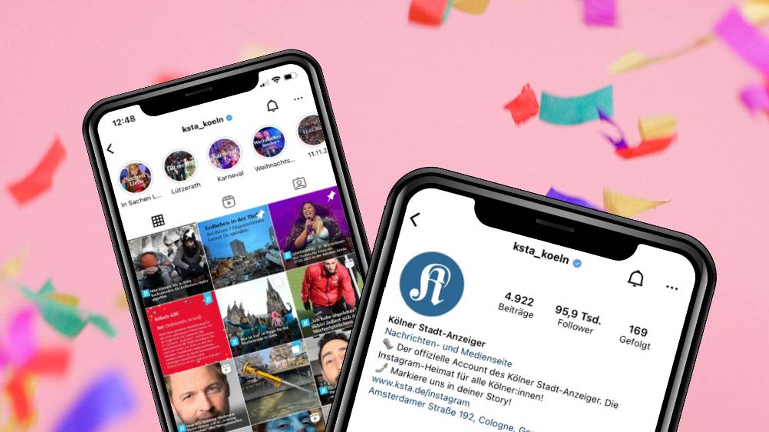 Zwei Screenshots des Instagram-Profils ksta_koeln mit Konfetti im Hintergrund.