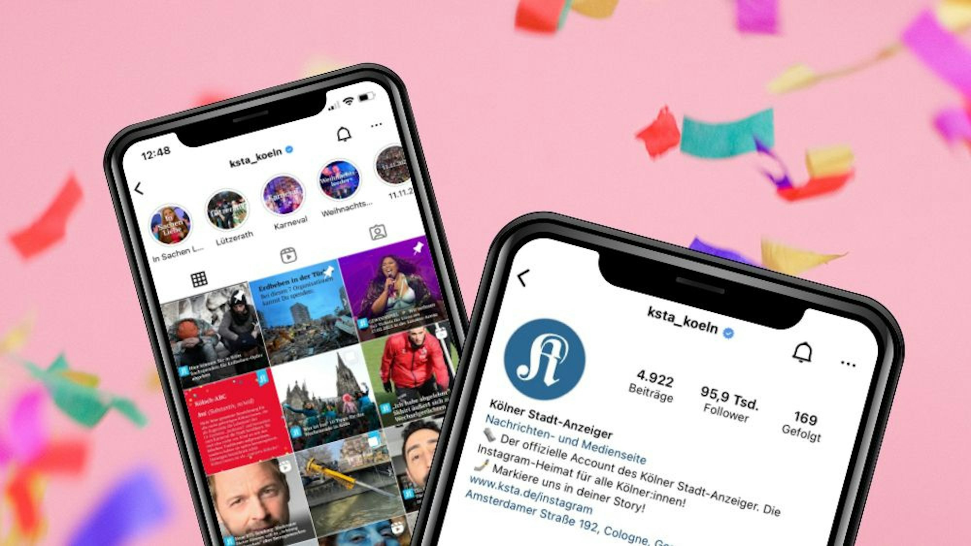Zwei Screenshots des Instagram-Profils ksta_koeln mit Konfetti im Hintergrund.
