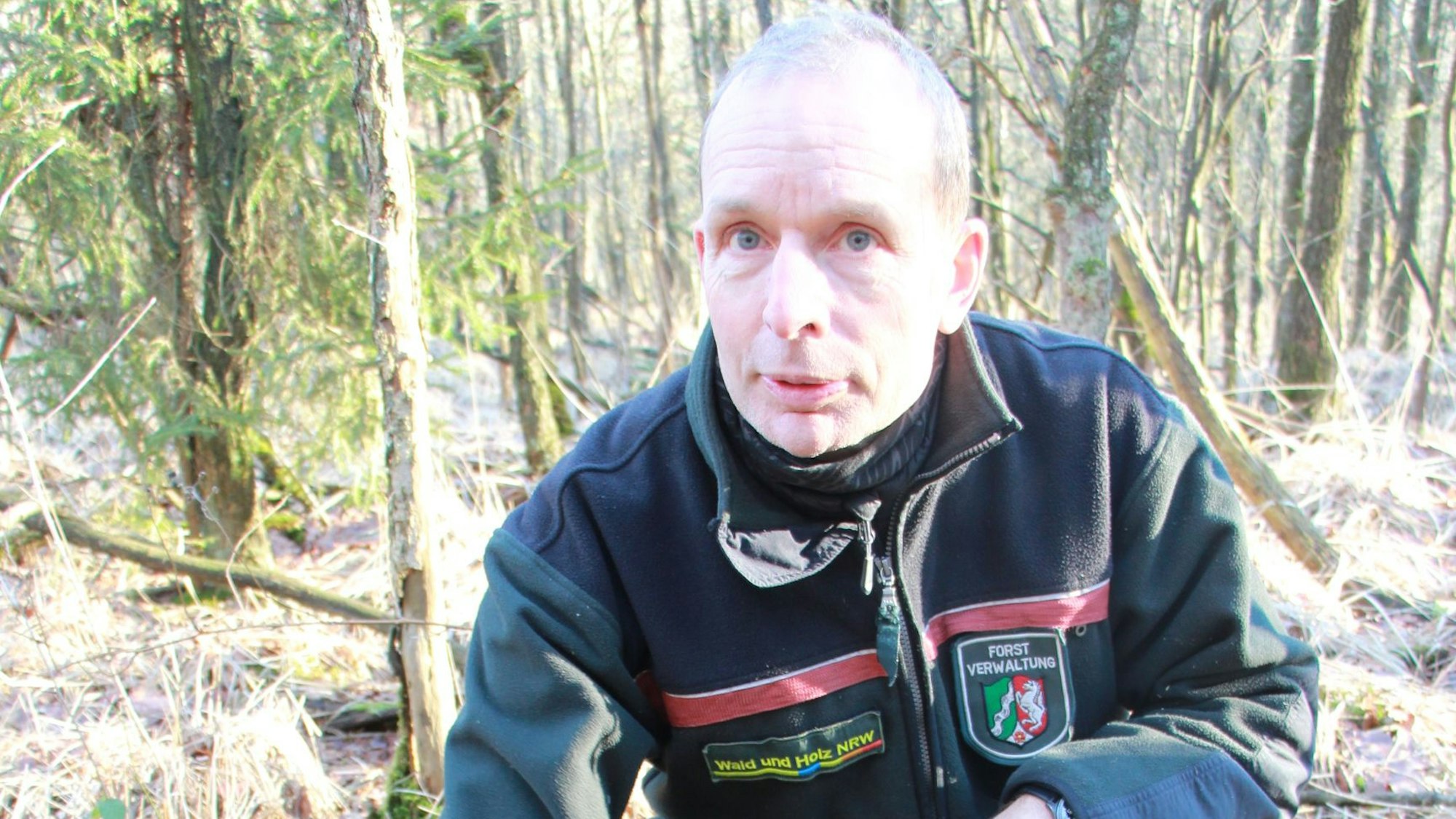 Revierförster Axel Horn hockt am Waldboen.