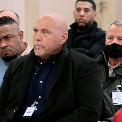 Frank Hanebuth (M), ehemaliger Rocker-Boss, sitzt in einem Gerichtssaal des nationalen spanischen Gerichtshofes.