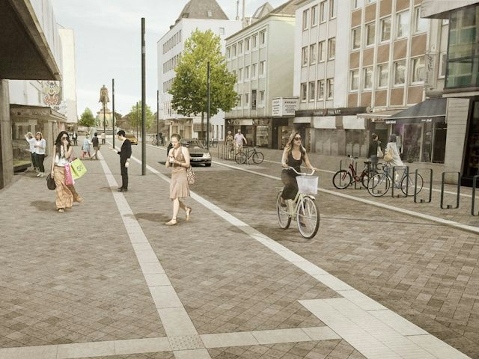 Visualisierung der umgestalteten und städtebaulich aufgewerteten Gürzenichstraße mit Blick auf den Heumarkt. Zu sehen sind flanierende Menschen, Radfahrende, ein Auto und Fahrradabstellanlagen.