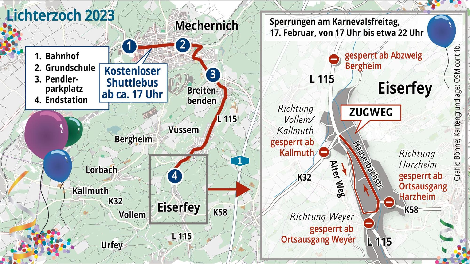Die Grafik zeigt die Absperrungen und den Weg des Eiserfeyer Lichterzugs.