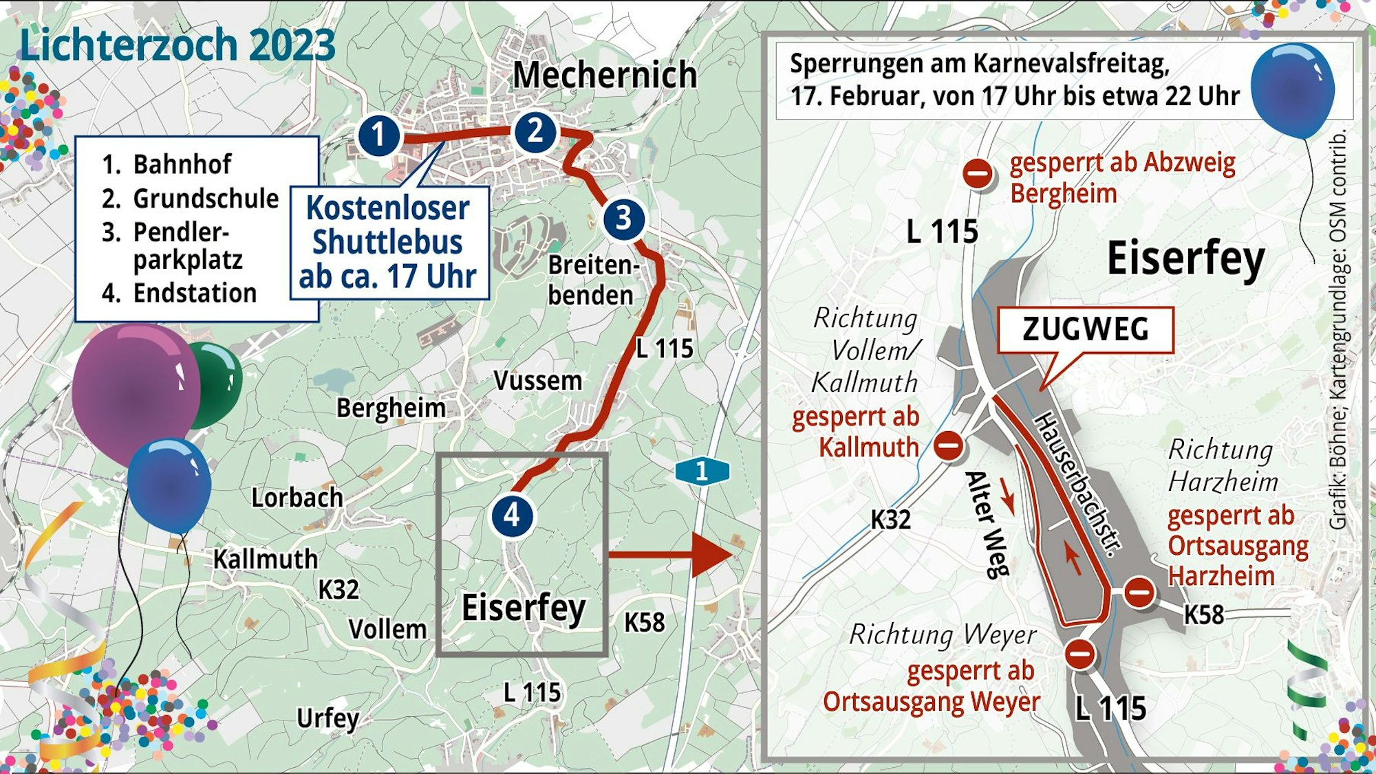 Die Grafik zeigt die Absperrungen und den Weg des Eiserfeyer Lichterzugs.