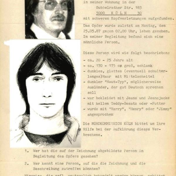 Mit einem Fahndungsplakat, auf dem ein Phantombild eines Mannes mit mittellangem, schwarzem Haar zu sehen ist, hat die Polizei nach dem versuchten Raubmord 1987 in Köln-Ehrenfeld den Täter gesucht.