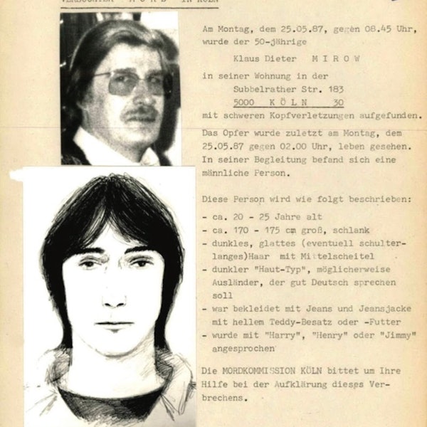 Mit einem Fahndungsplakat, auf dem ein Phantombild eines Mannes mit mittellangem, schwarzem Haar zu sehen ist, hat die Polizei nach dem versuchten Raubmord 1987 in Köln-Ehrenfeld den Täter gesucht.