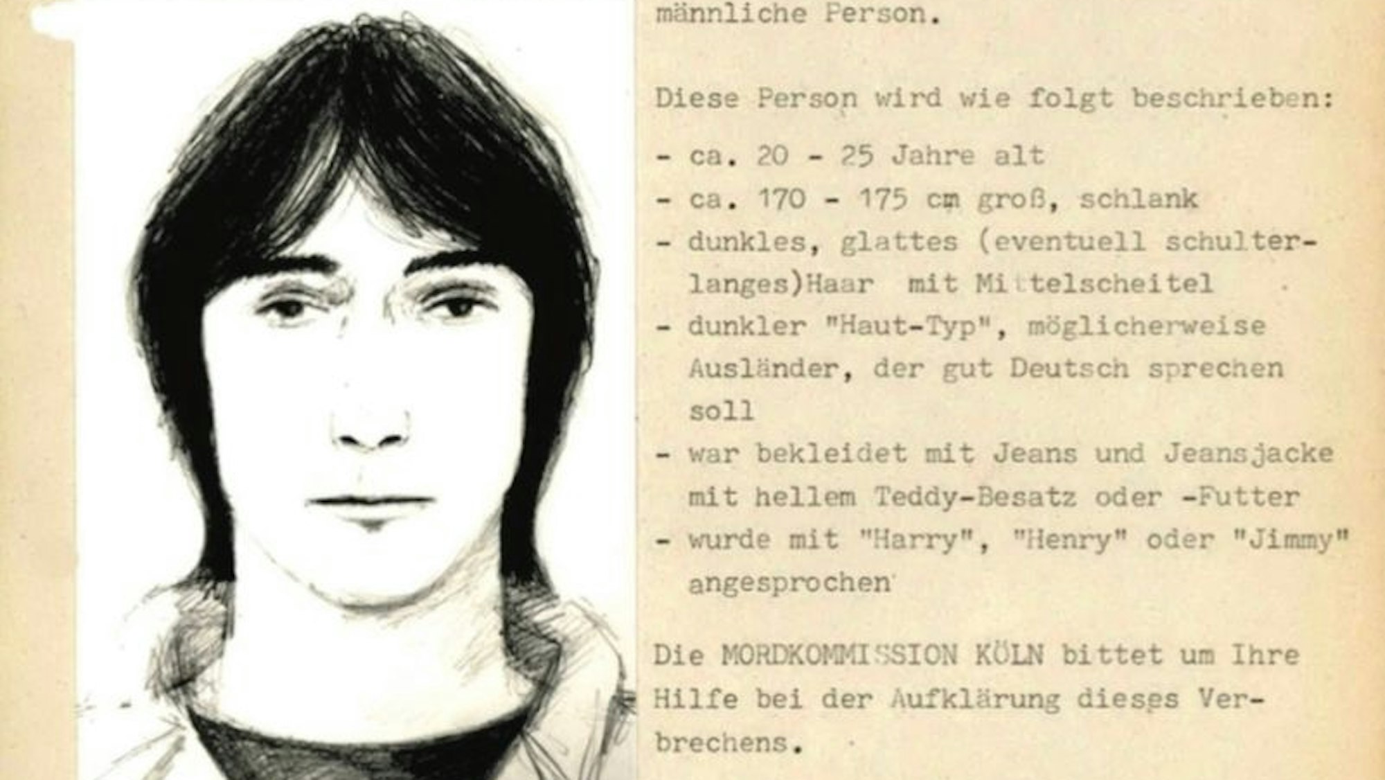 Mit einem Fahndungsplakat, auf dem ein Phantombild eines Mannes mit mittellangem, schwarzem Haar zu sehen ist, hat die Polizei nach dem versuchten Raubmord 1987 in Köln-Ehrenfeld den Täter gesucht.