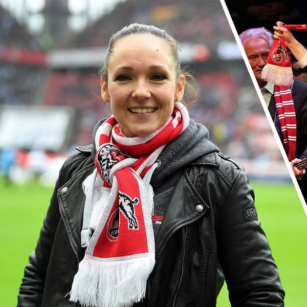 Carolin Kebekus und Stefan Raab mit Fan-Schals des 1. FC Köln.