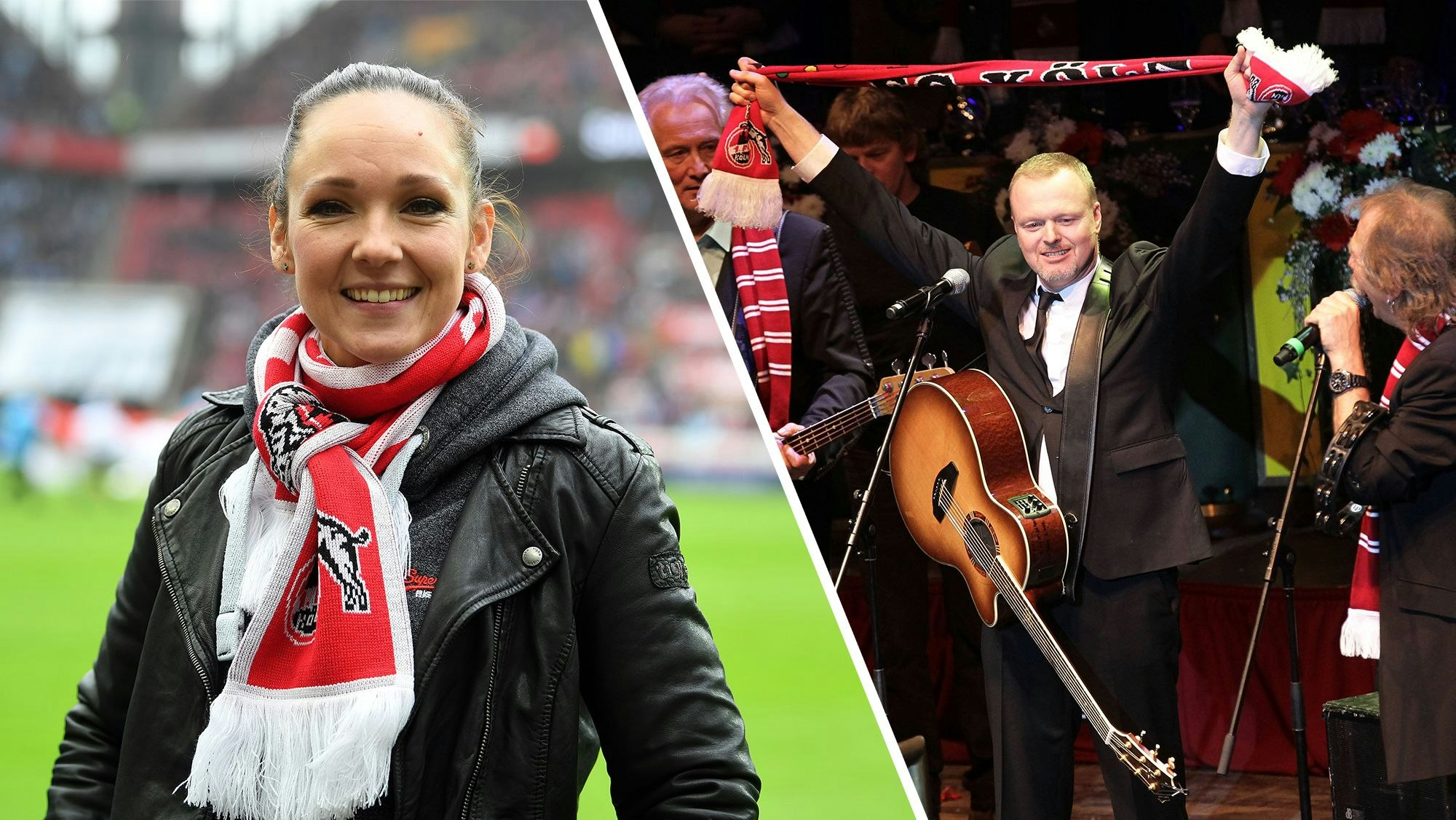 Carolin Kebekus und Stefan Raab mit Fan-Schals des 1. FC Köln.