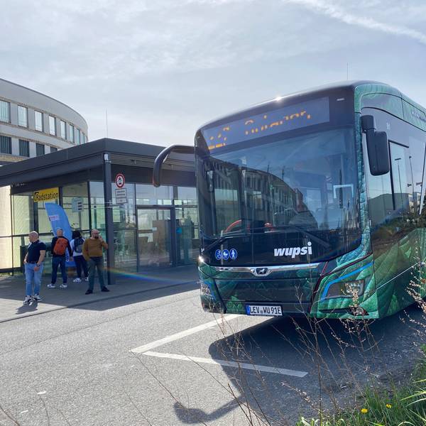 Ein grüner Wupsi-Bus steht an einer Haltestelle.
