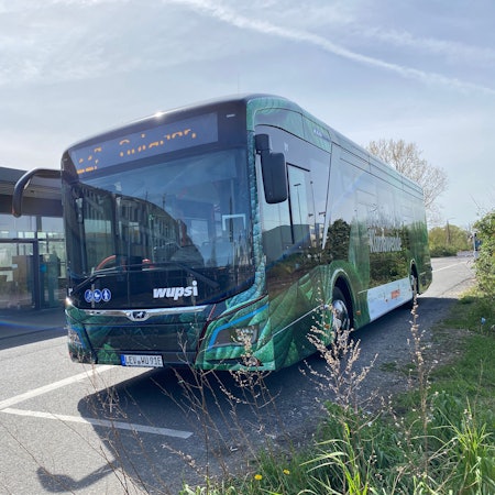 Ein grüner Wupsi-Bus steht an einer Haltestelle.