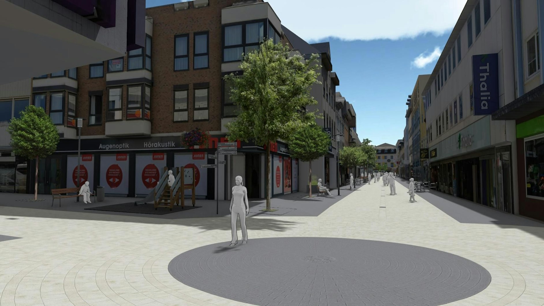 Man sieht eine animierte Darstellung der fertigen Fußgängerzone.