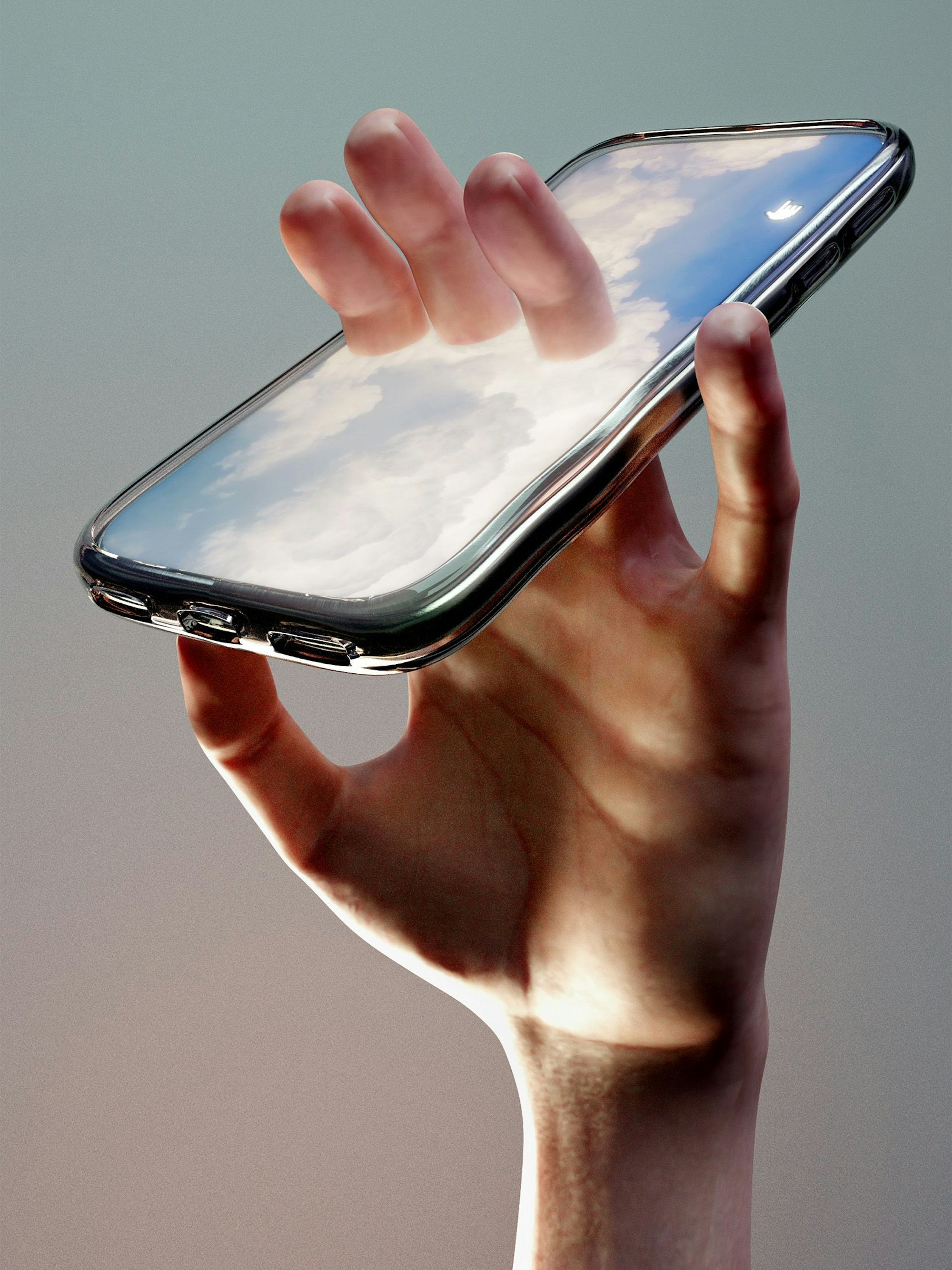 Baron Lanteignes „Manipulation 3“ zeigt eine Hand, deren drei mittlere Finger in einem Smartphone-Display stecken.