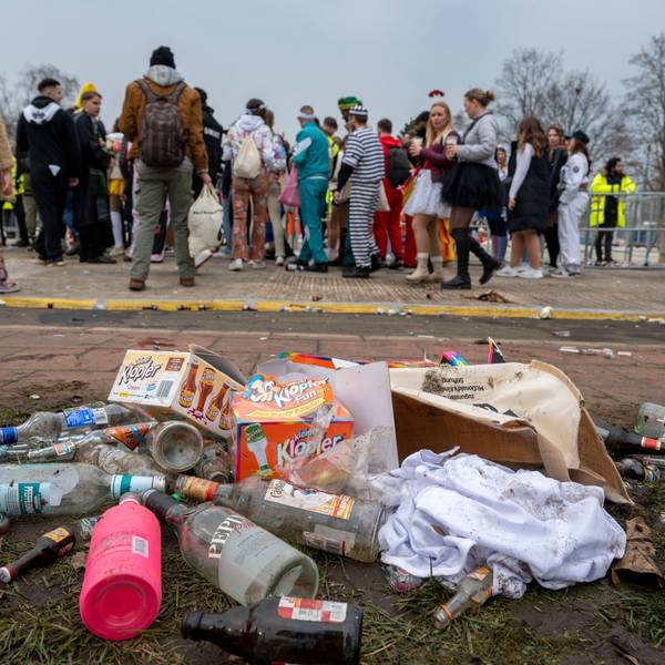 Das Foto zeigt leere Glasflaschen und Müll auf einer Wiese.