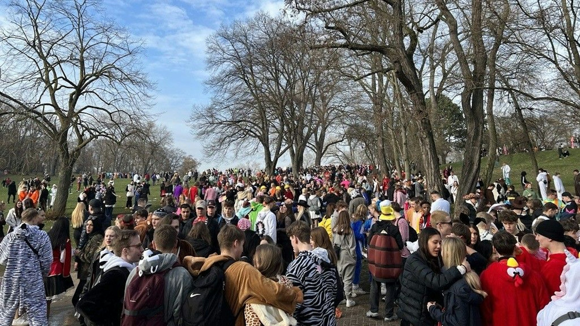Junge, kostümierte Feiernde strömen über den Hügel im Hiroshima-Nagasaki-Park in Richtung Aachener Weiher.