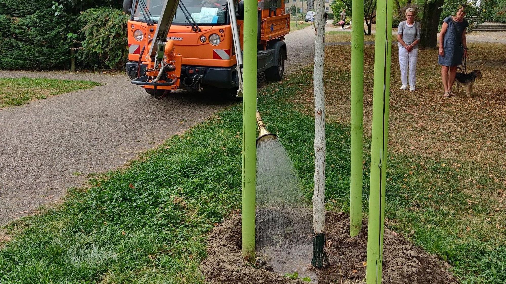 Bauhof beim Baumgießen mit einer ferngesteuerten Spritze im Stadtpark