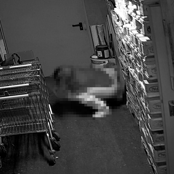Das Foto einer Überwachungskamera zeigt eine Frau, die am 16. Februar 2023 in der Tiefgarage des Heng Long Asia Supermarkt auf dem Boden hockt und ihre Notdurft verrichtet.