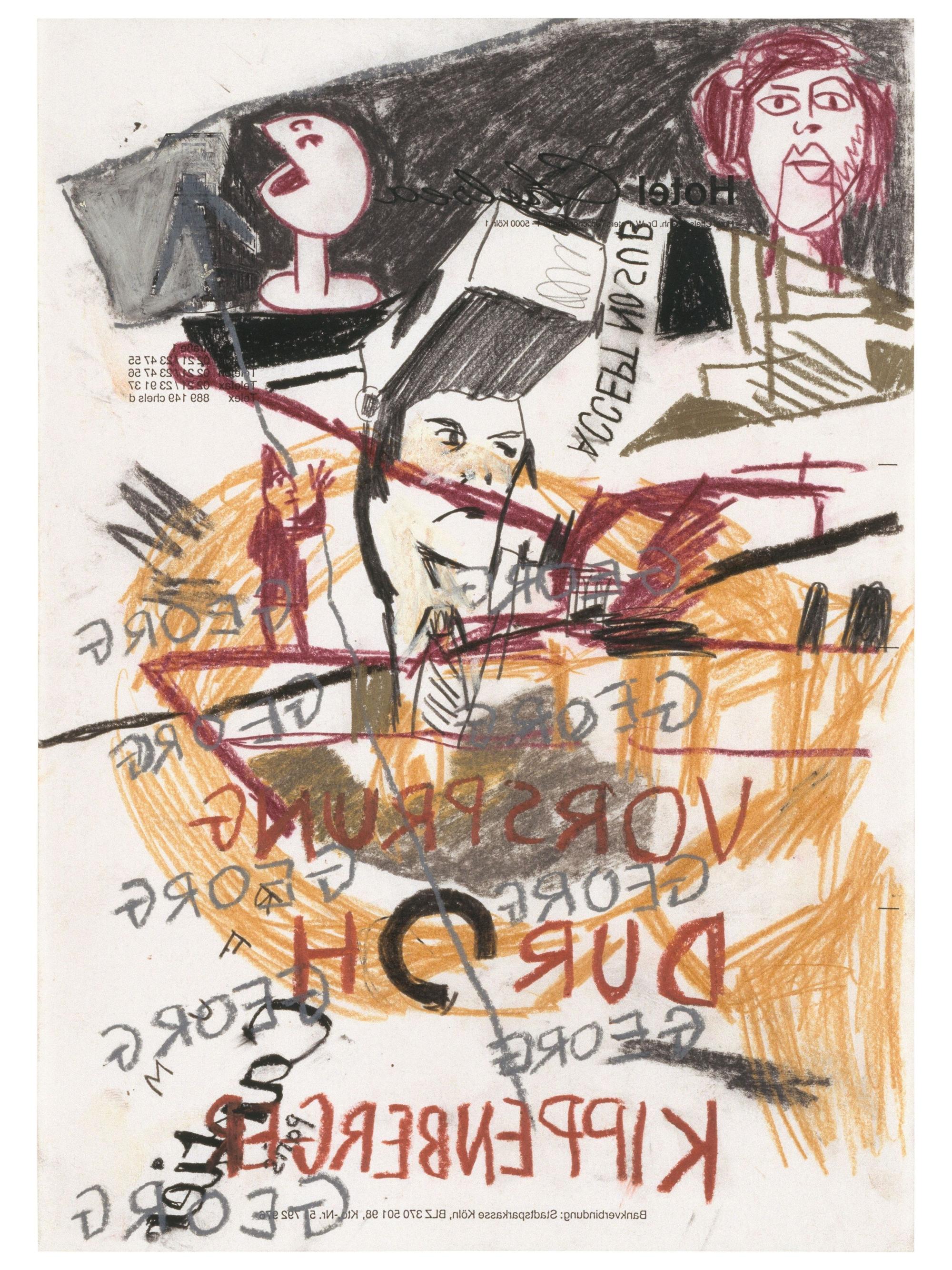 Martin Kippenbergers Heavy Mädel (Detail) zeigt eine Collage mit dem spiegelverkehrten Schriftzug Vorsprung durch Kippenberger