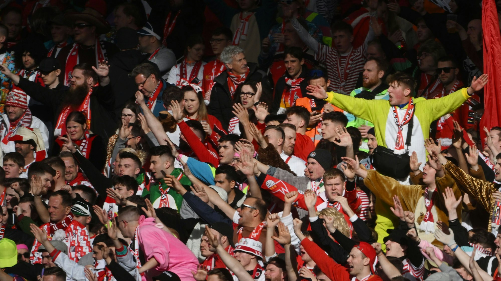 Kölner Fans jubeln vor dem Spiel in der Mercedes-Benz-Arena.