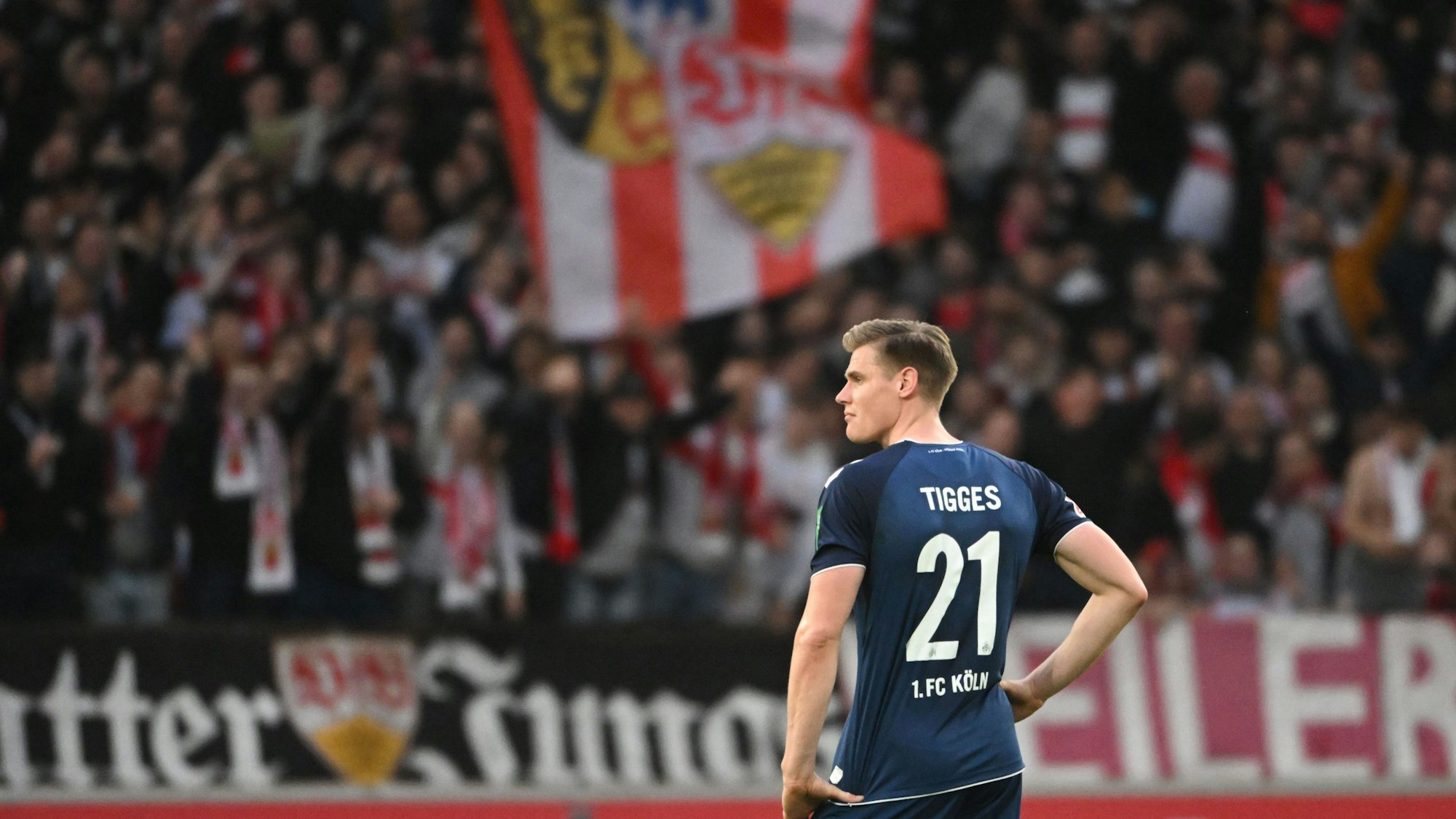 Kölns Steffen Tigges steht vor den Fans des VfB Stuttgart.