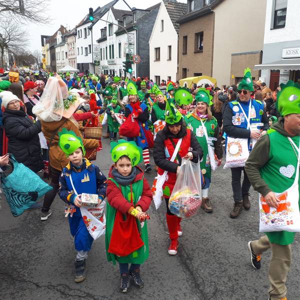 Bunt kostümierte Jecke ziehen durch die Straße.