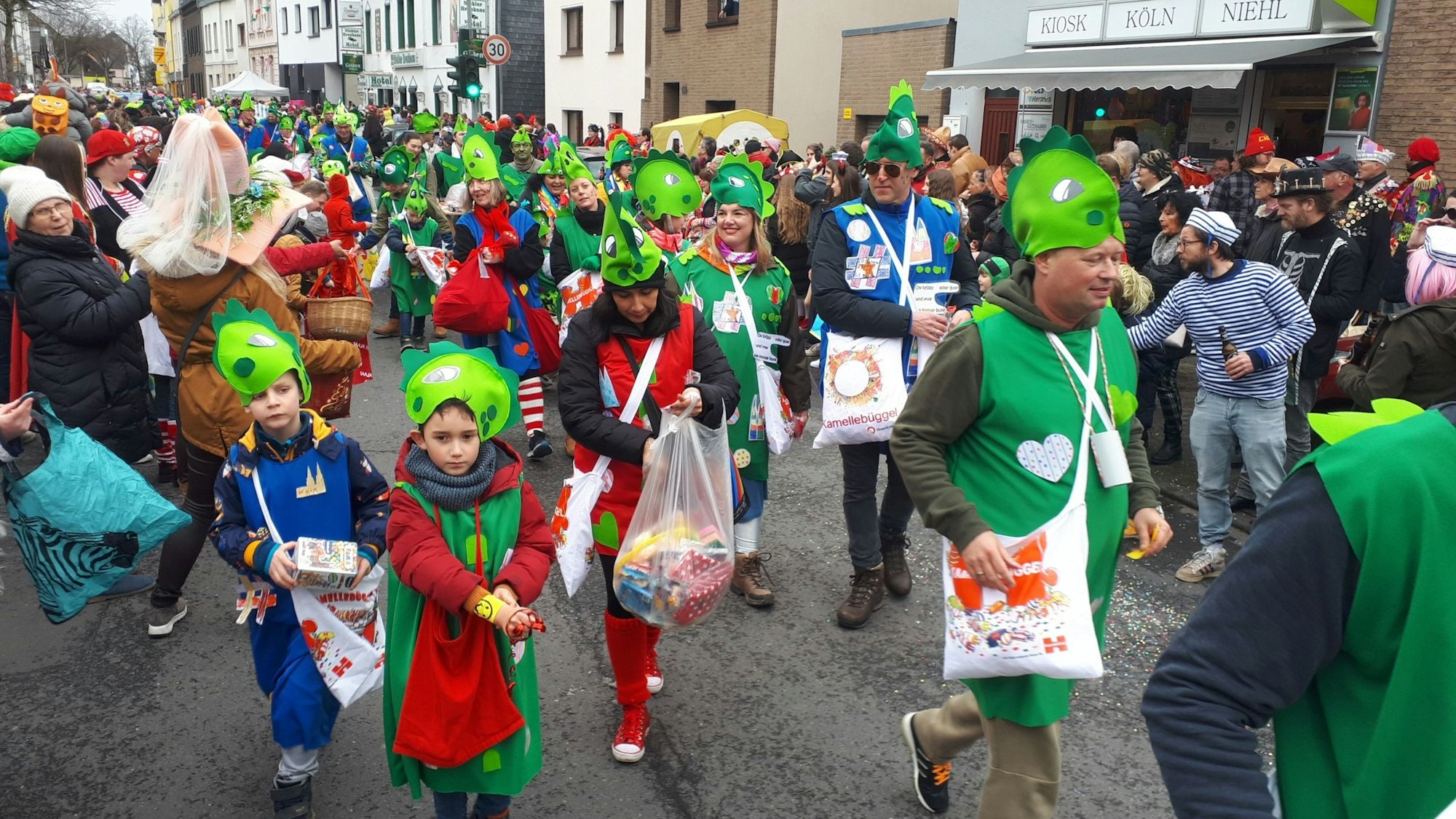Bunt kostümierte Jecke ziehen durch die Straße.