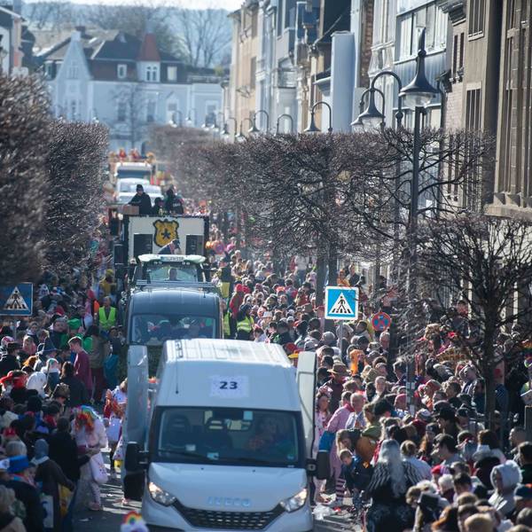 Das Bild zeigt den Rosenmontagszug in Euskirchen auf der Wilhelmstraße.