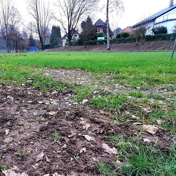 Blick auf den aufgewühlten Rasen des Bolzplatzes in Burscheid