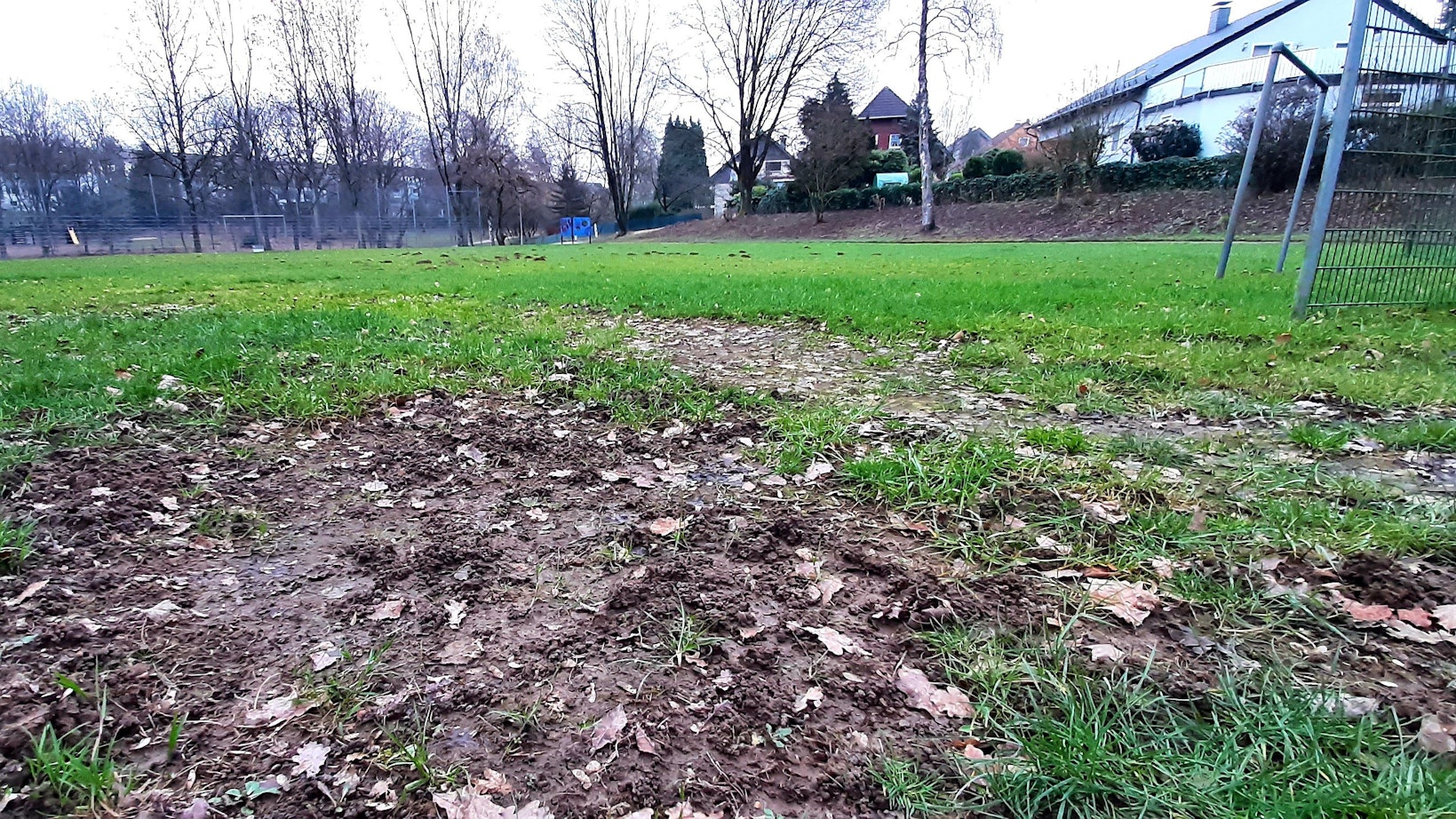 Blick auf den aufgewühlten Rasen des Bolzplatzes in Burscheid