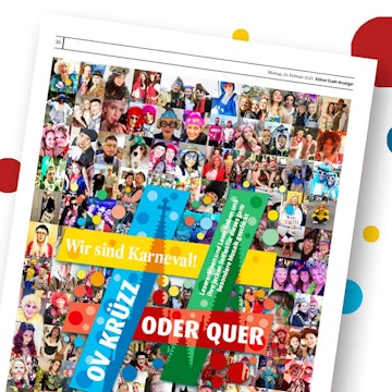 Mosaik mit den Karnevalsselfies unserer Leserinnen und Leser. Über einem Bild der Zeitungsseite liegt das Sessionsmotto des Kölner Karnevals 2023.