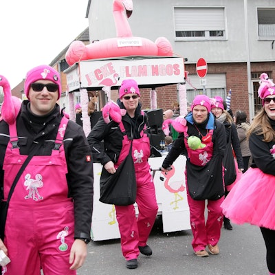 Eine Truppe Flamingos läuft fröhlich im Zug mit.