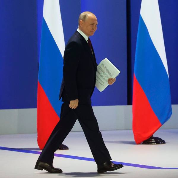 Russian President Vladimir Putin arrives to give his annual state of the nation address in Moscow, Russia, Tuesday, Feb. 21, 2023. (Sergei Karpukhin, Sputnik, Kremlin Pool Photo via AP)