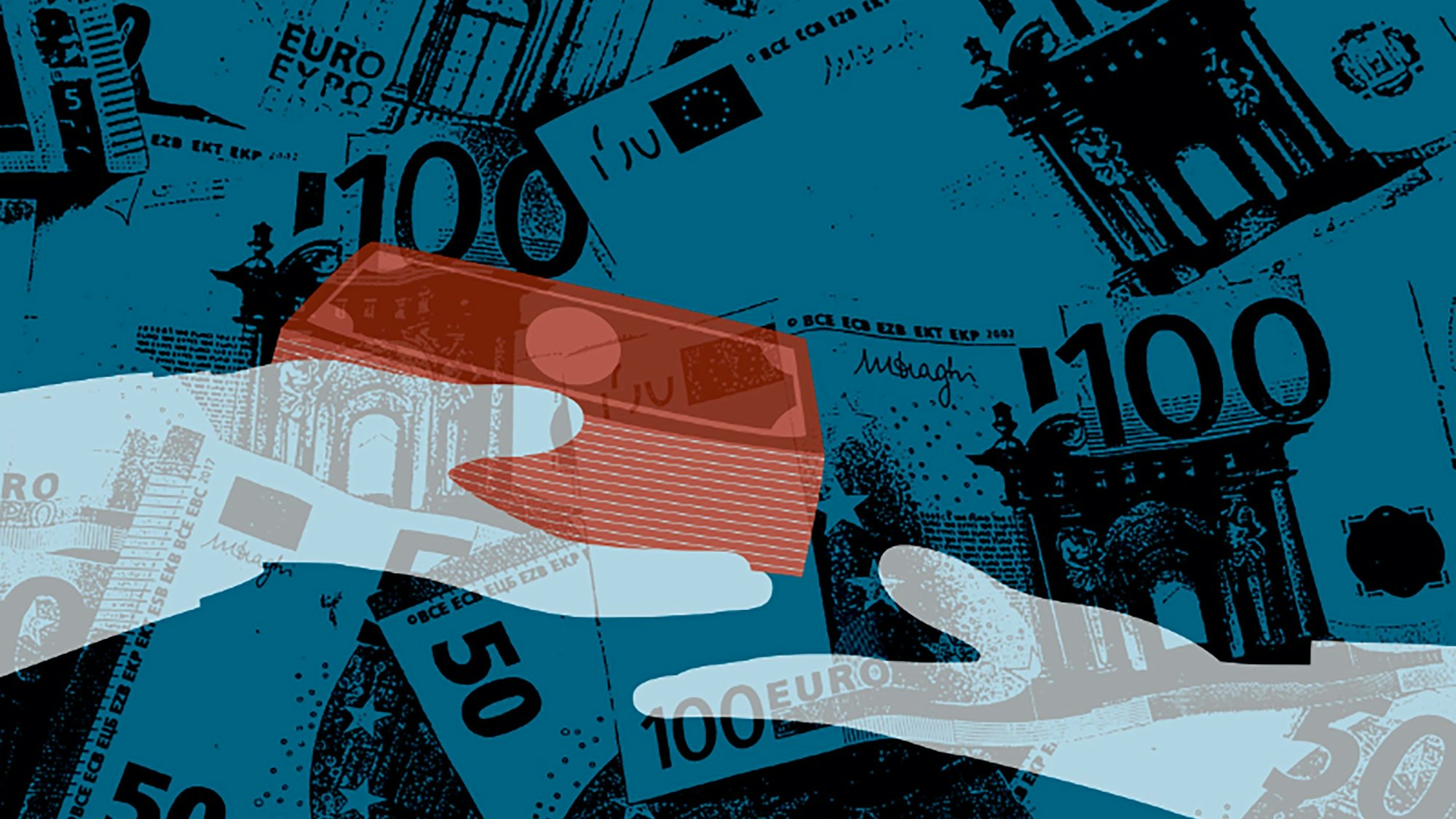 Ein Bargeldbündel wandert von einer Hand in die andere. Im Hintergrund liegen Hundert- und Fünfzigeuroscheine.